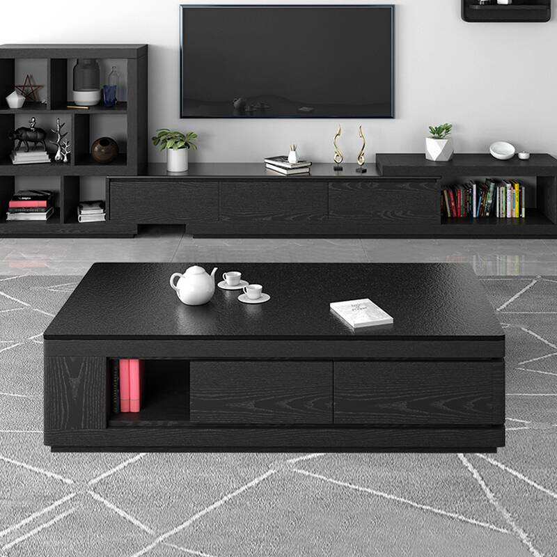 Mission Style Slate Midnight Black Rectangular Single Side Table with Block Base and 3 Drawers