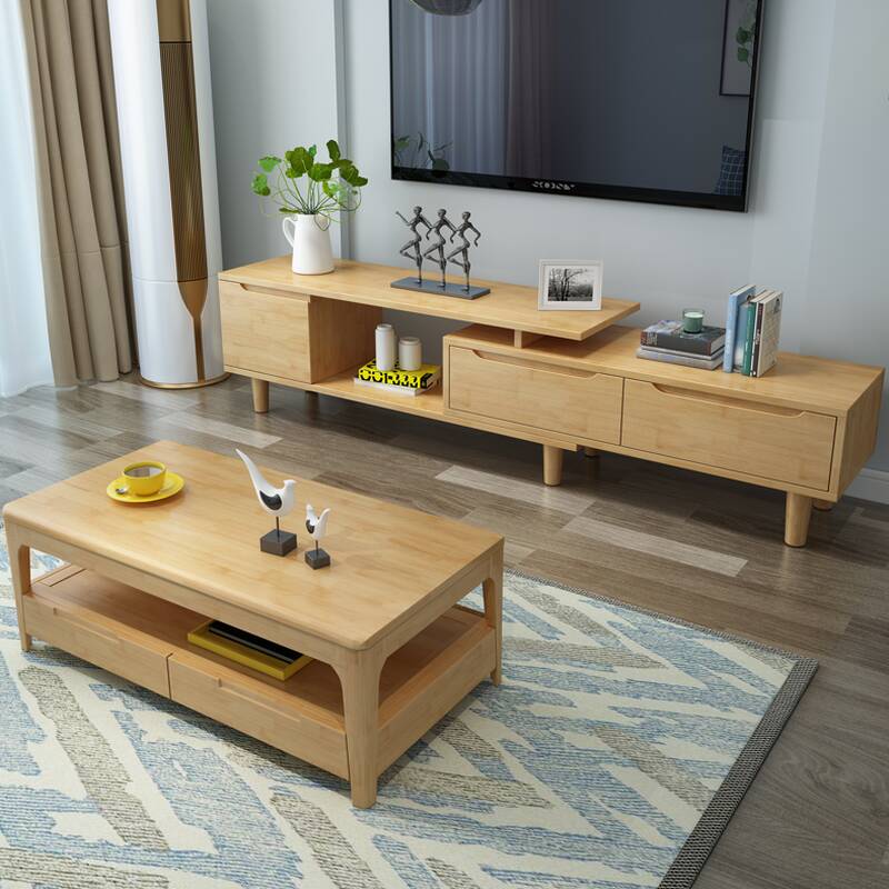 Postmodern Single Rubberwood Coffee Table, Rectangular with Sandy Wood Grain, 4 Drawers on 4 Legs