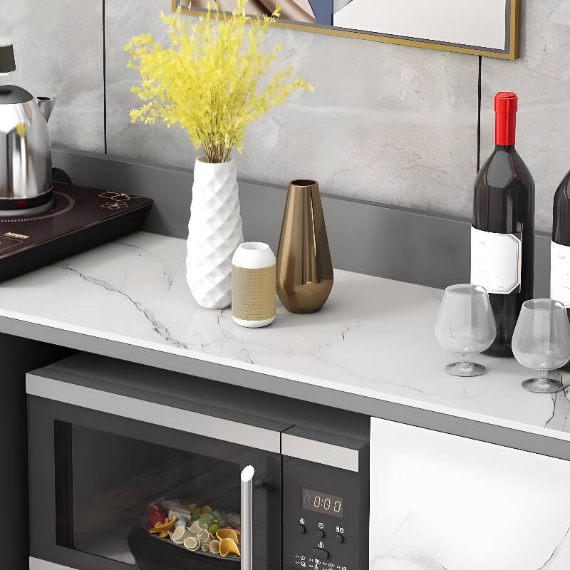 Simple Narrow Sideboard with Cupboard, 2 Exterior Shelves, Kitchen Cupboards, Sintered Stone Countertop, and Multiple Doors