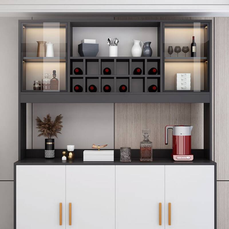 3 Shelves Modern Narrow/Standard Sideboard with Closet, Kitchen Cupboards, Glazed Door & Wine Display