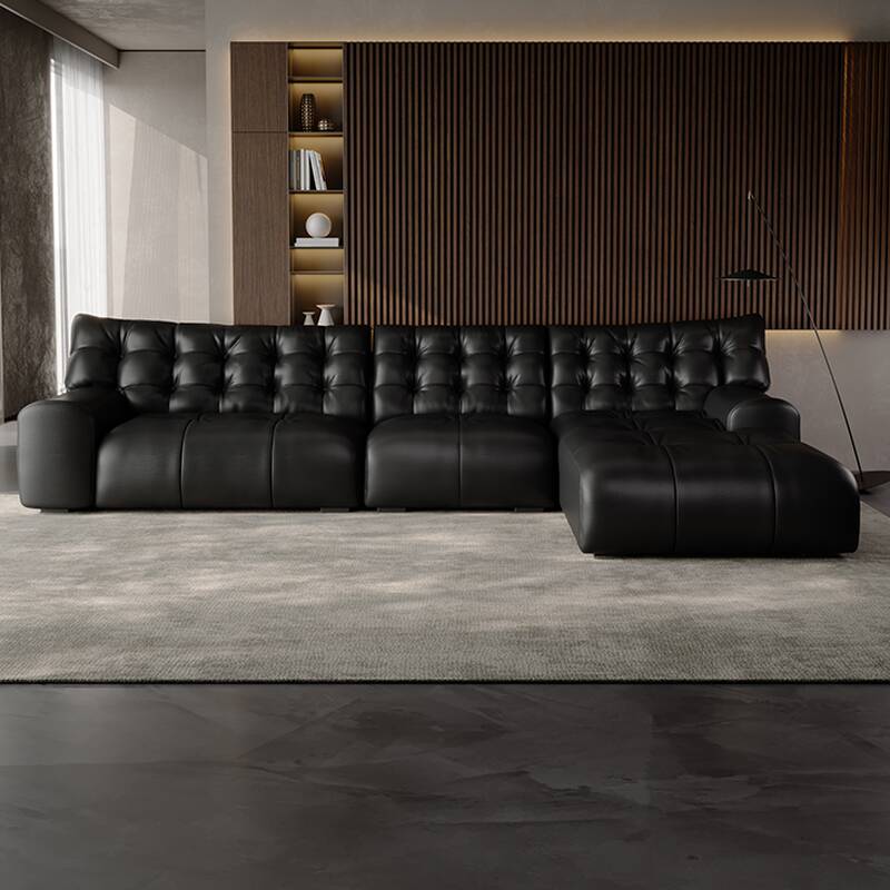 L-Shape Sofa Chaise with Tufted Back in Black, Button-tufted Detail