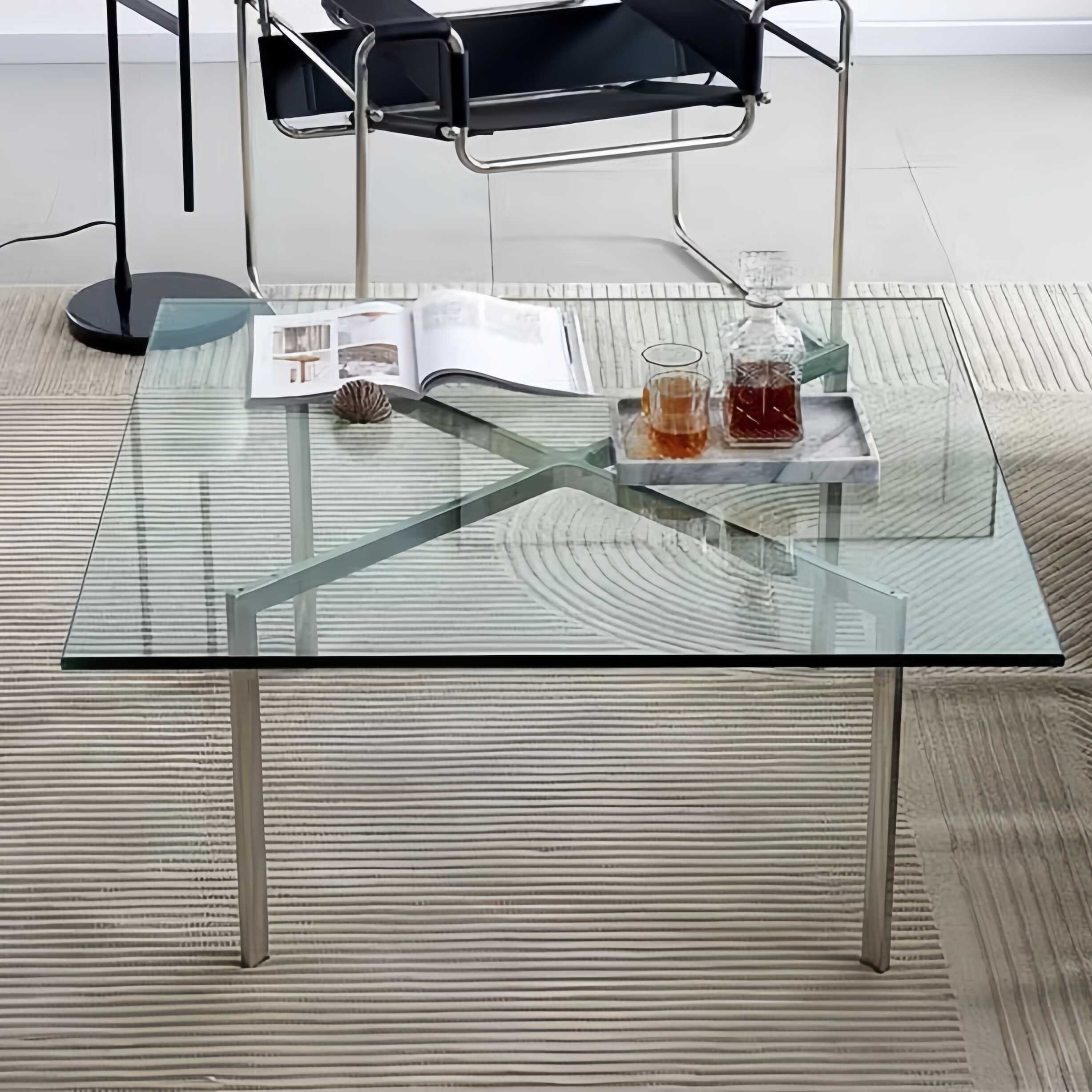 Postmodern Single Tempered Glass Coffee Table with 4 Legs in Translucent Square for Living Room