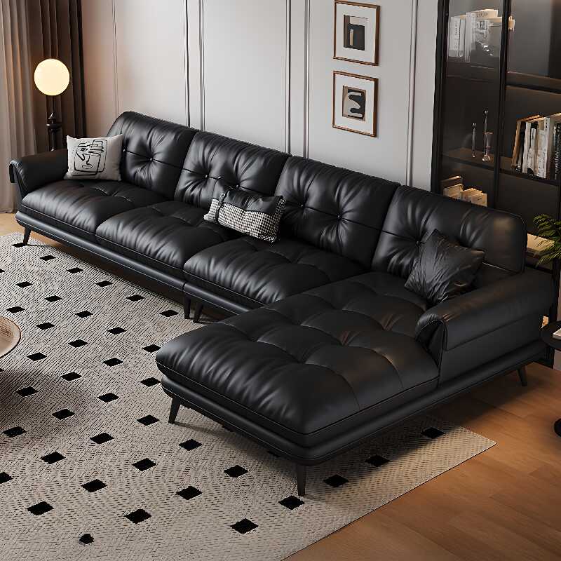 Black L-Shape/Straight Left Hand Facing/Horizontal Decorative-stitched Sofa Recliner/Sofa with Tufted Back