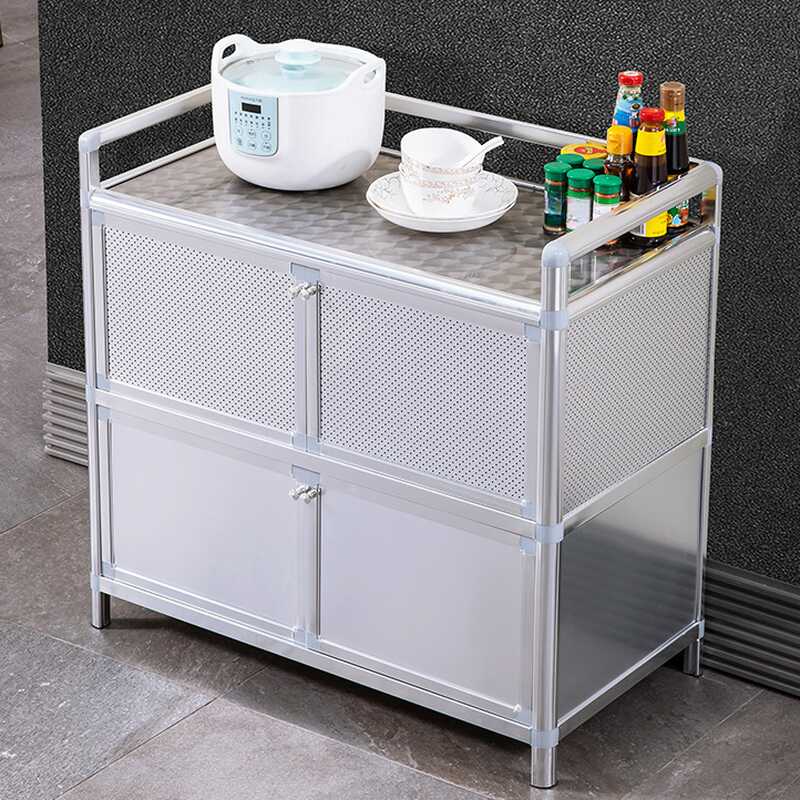 Metallic Narrow Sideboard with Cupboard, Single Shelf Larder, and Stainless Steel Countertop