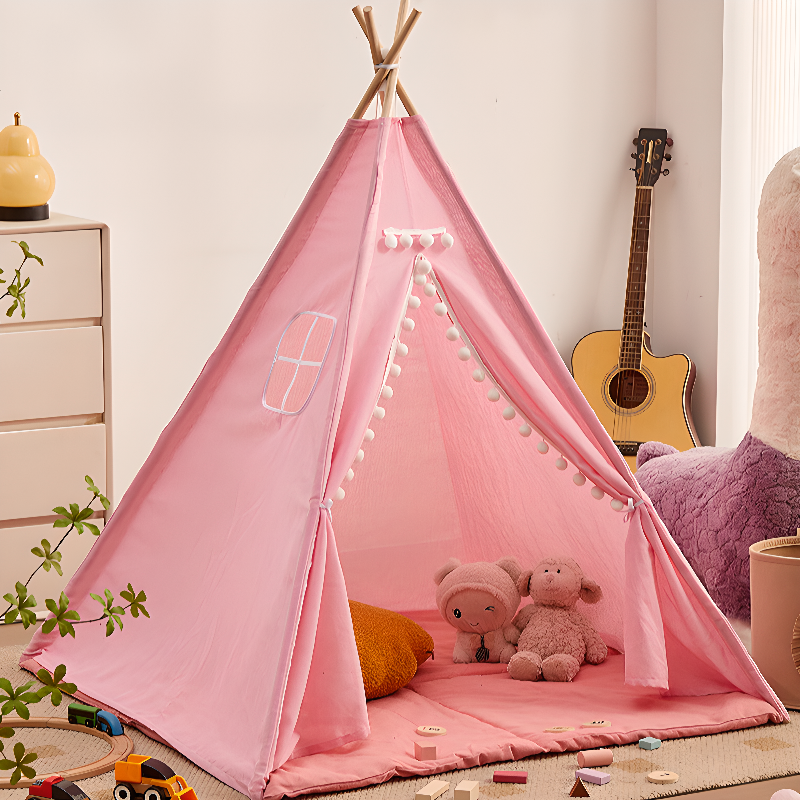 Trilateral Indoor Carnation Textile Fold Away Triangular Play Tent with Windows and Floor
