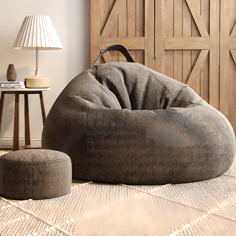 Versatile Bean Bag Set with Cotton Linen Upholstery in Gray/Light Green/Caramel, Ottoman Option, Expandable Polystyrene Beans, Zipper Closure, Removable Cover, and Moveable Design