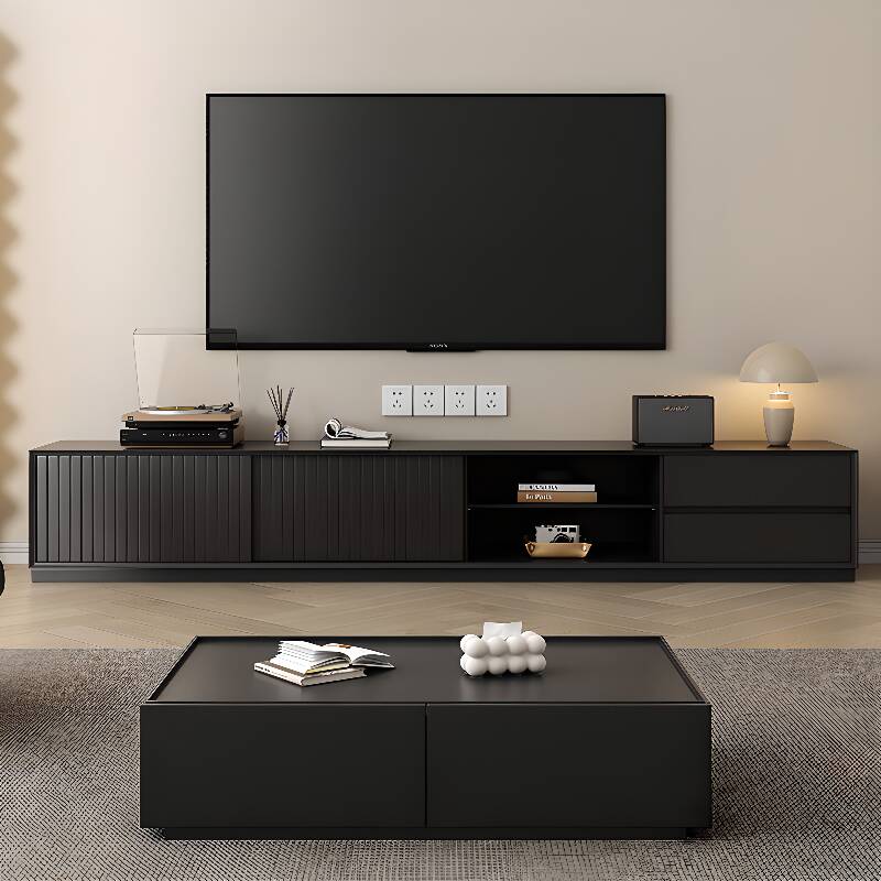 Natural Wood Rectangular TV Stand with 2 Drawers, Cabinet, Alterable Shelf, and Visible Storage