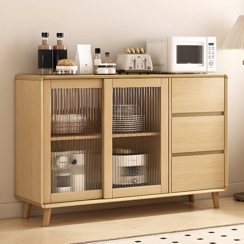 Natural Colour Sideboard with 3 Drawers, Cupboard, Standard Size, 1 Shelf/4 Shelves, Particle Board Wood Countertop, and Sliding Doors