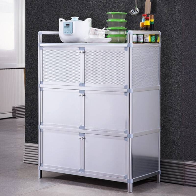 Silver Metal Narrow Sideboard with Exterior 1 Shelf, Cupboard and 6 Doors/2 Doors/4 Doors, Larder