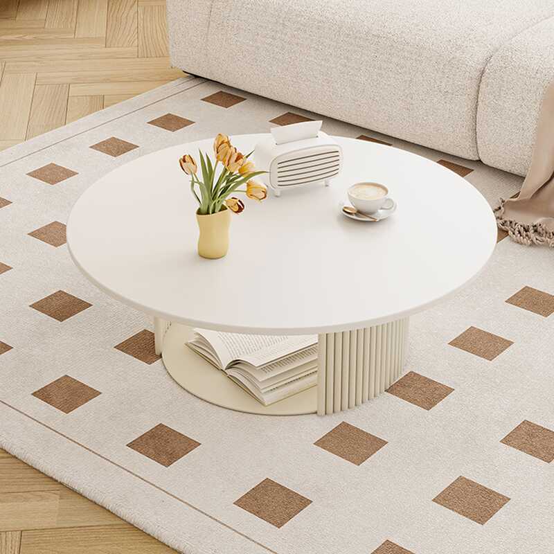 Circular-shaped Raw Wood Coffee Table with Repository and 1 Shelf for Living Room