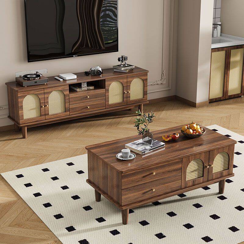 Rectangular Raw Wood Coffee Table with 2 Cabinets for Living Room