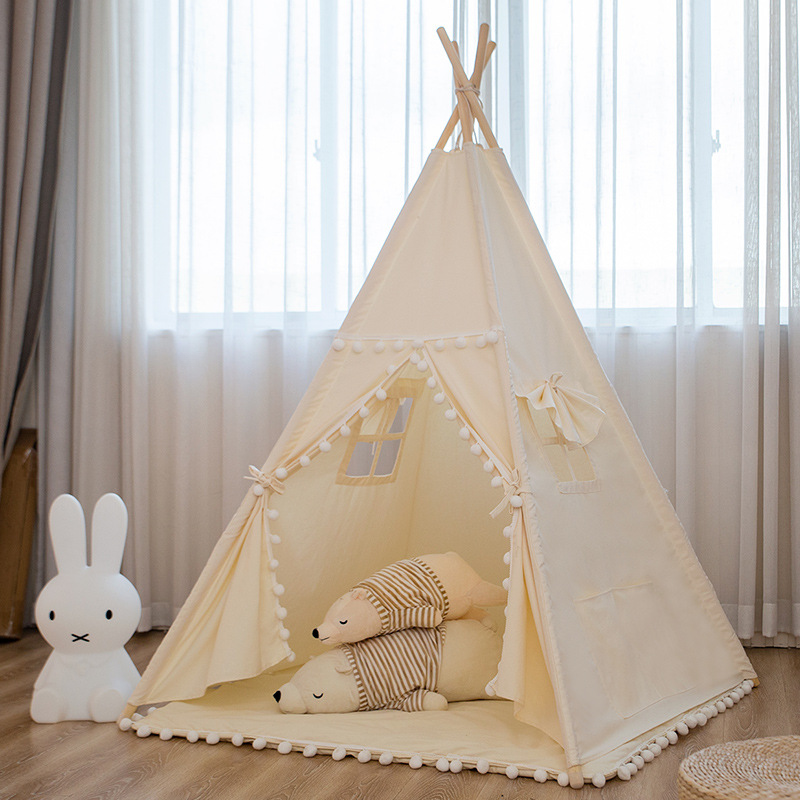 Solid Wood White Indoor Triangular Play Tent, Triangular, with Lights, Windows, Floor