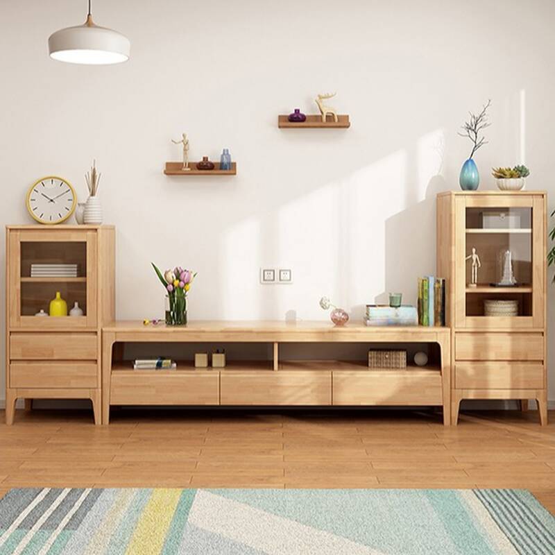 Scandinavian Oak Wood TV Stand with Shelf, 3 Drawers, and Open-air Storage