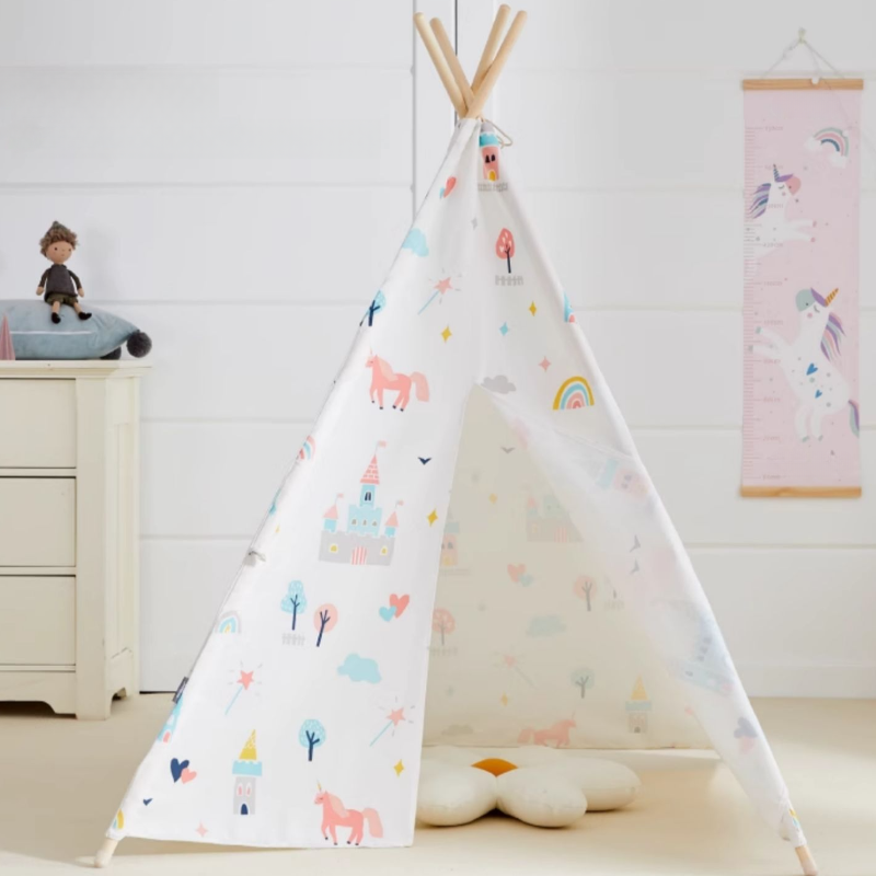 Indoor Triangular Solid Wood Triangular Play Tent, with Illumination Lights, Tent Pole, Floor, Medium（3'-5'）