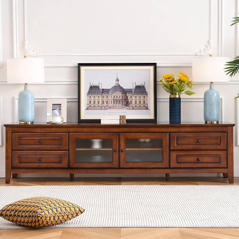 Art Deco Timber TV Stand with Shelf, 4 Drawers, Cabinet, and Cable Management