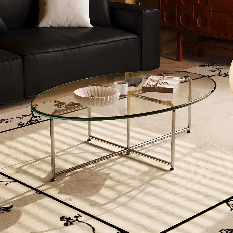 Simple Elliptical Translucent Tempered Glass Single Side Table with X Base