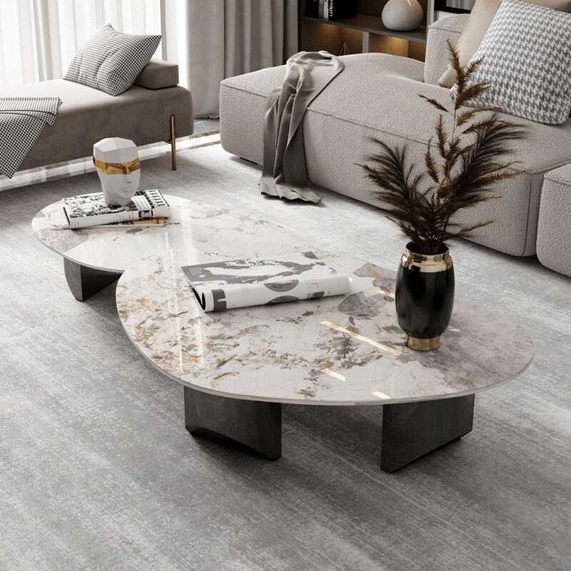 Postmodern Single Slate Coffee Table with Irregular Tan Top on Dual Footing/Three Leg Base