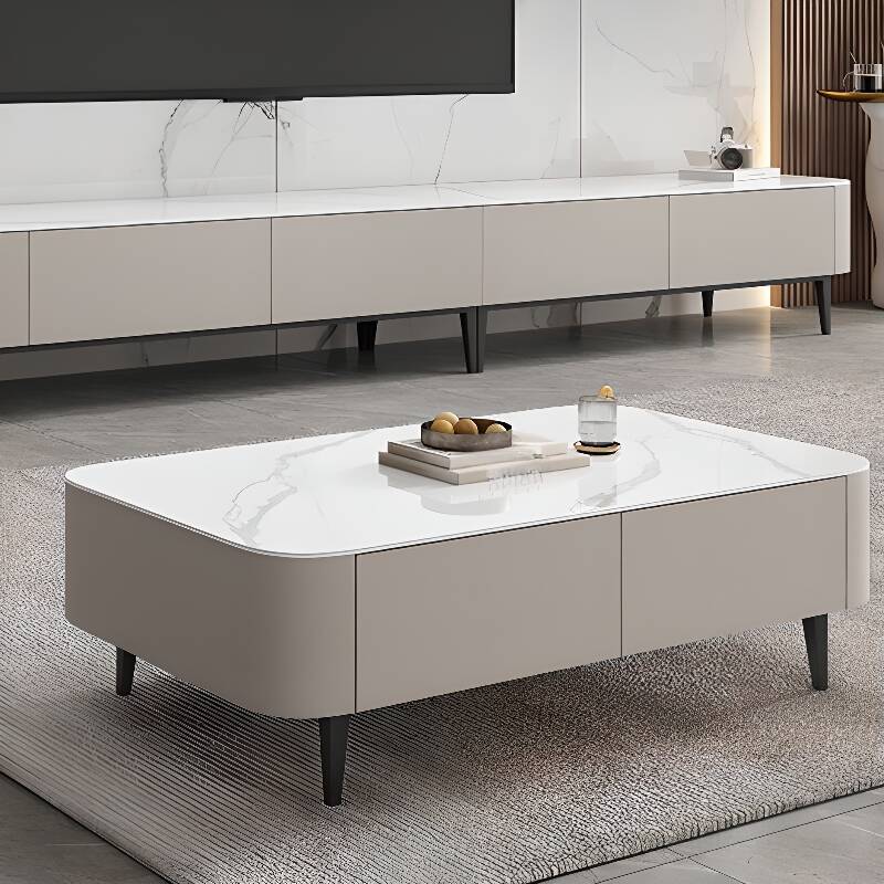 Chalk-Coloured Art Deco Sintered Stone TV Stand with 4 Drawers, Cabinet, and Cable Management