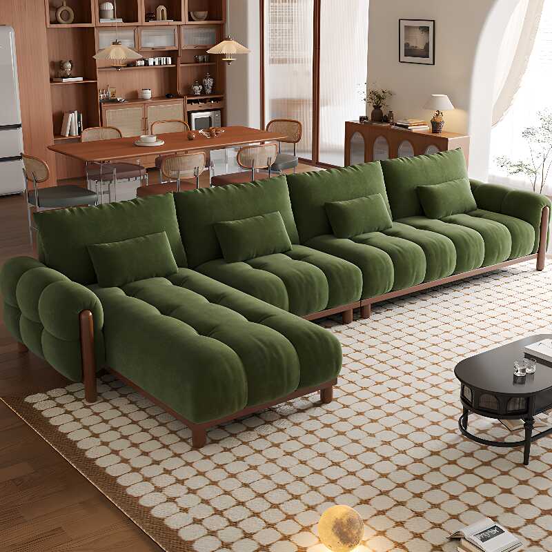 L-Shape Sofa Chaise in Dark Green with Left Orientation and Round Arm