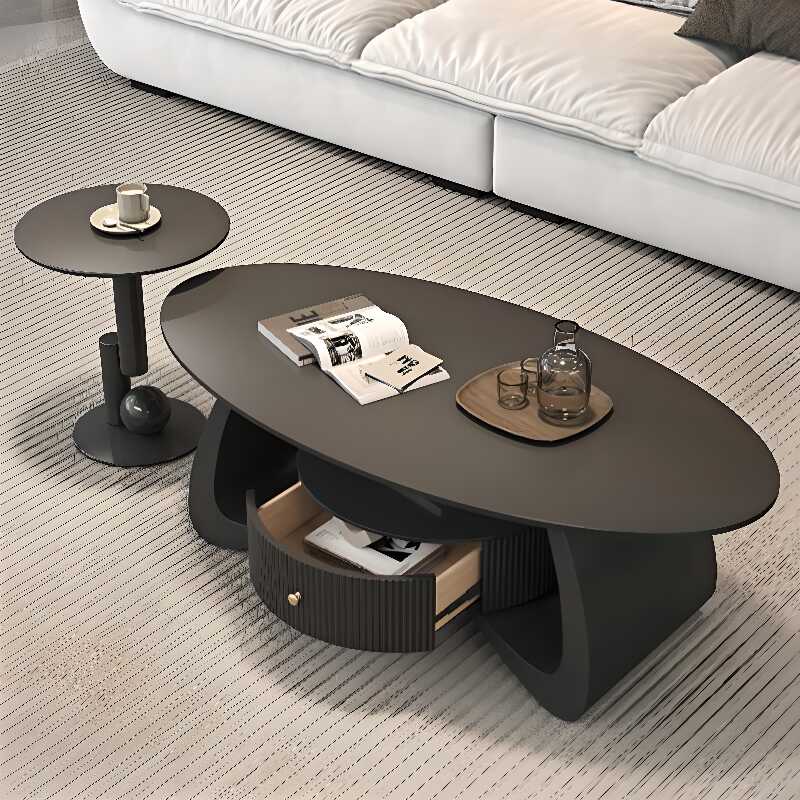 Single Stone Elliptical Side Table with Abstract Base, Ink/White colour, 1 Drawer for Living Room Use