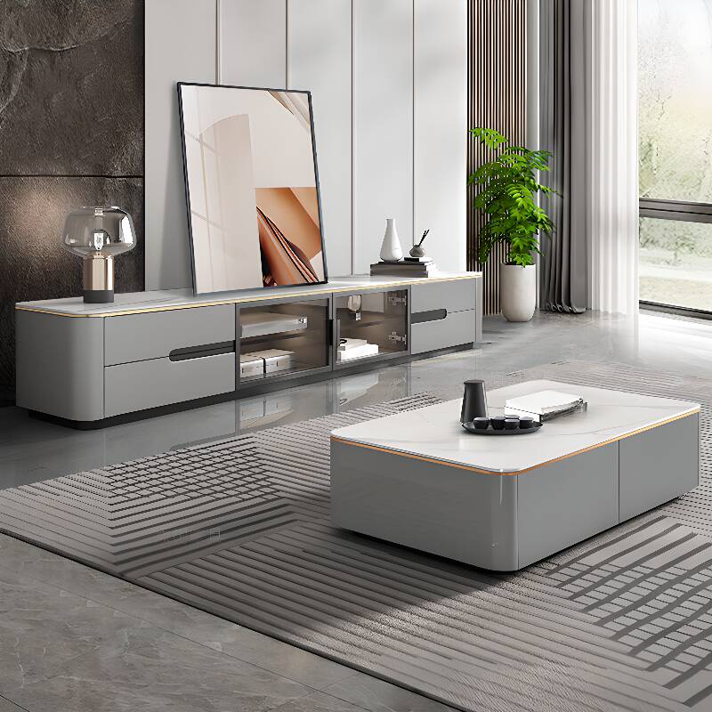 Single Slate Oblong White Side Table with Block Base and 4 Drawers for Living Room Use