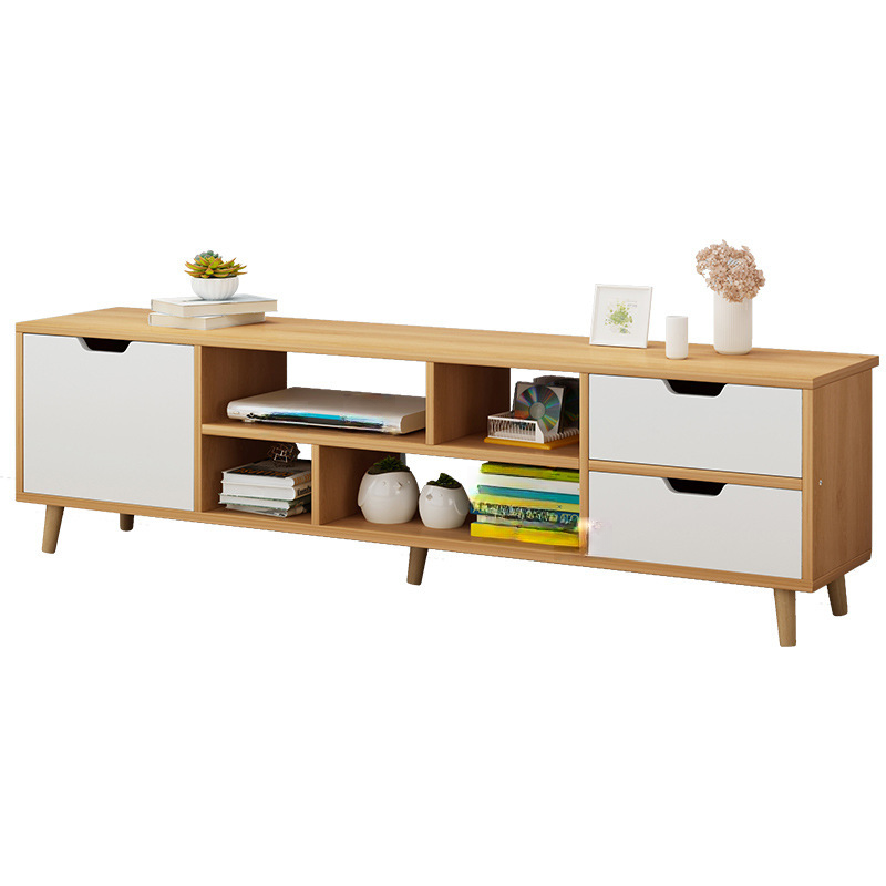 Contemporary Timber TV Stand with Rectangular Shape, Shelf, 3 Cabinets, and Unsheltered Storage