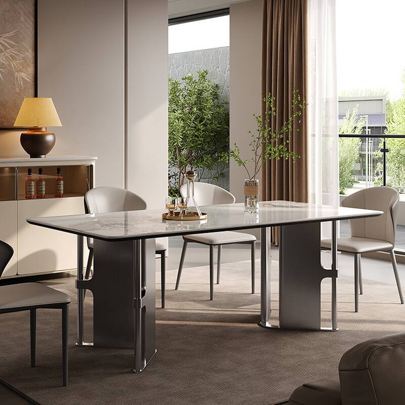 Modish Rectangular Dining Table with White Slate Stone Top and Fixed Table Mechanism