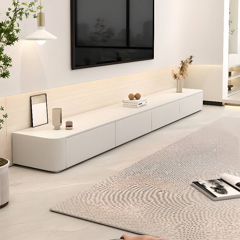 Elegant White Modern Natural Wood Rectangular TV Stand for Sitting Room with 4 Drawers and Cable Management