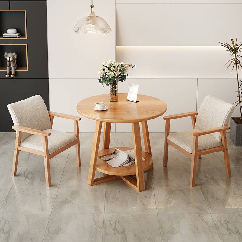 Chalk/Wood Colour Circular Modish Dining Table with Timber Top, Fixed Table Mechanism, and Repository Storage