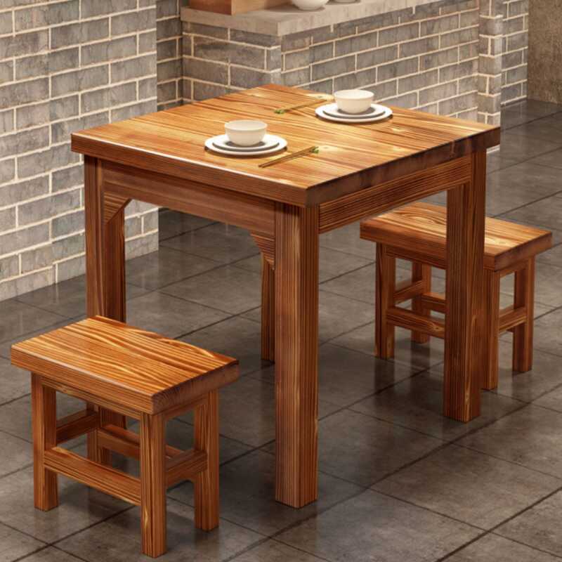 Scandinavian Rectangle Solid Wood Dining Table Set with 4-Leg Base and Brown Table Top, Backless Style