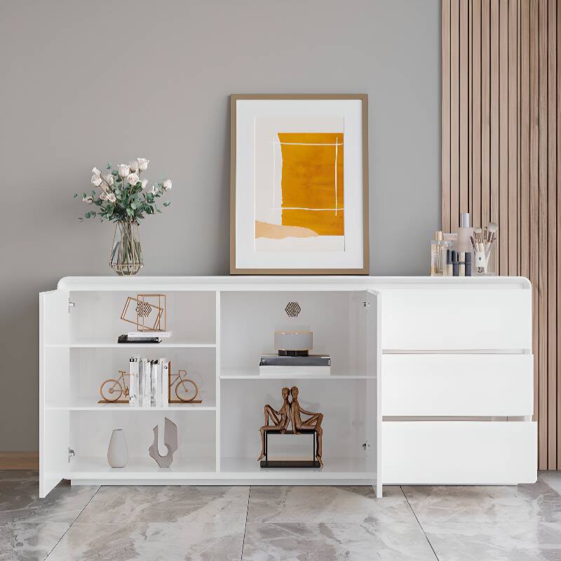 White Sideboard with 3 Drawers, Closet, Standard Size, Four Internal Shelves, Timber Countertop, and 2 Doors