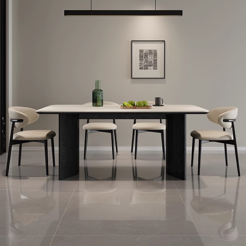 Trendy Rectangular Dining Table with Sintered Stone Top, Fixed Table in Chalk