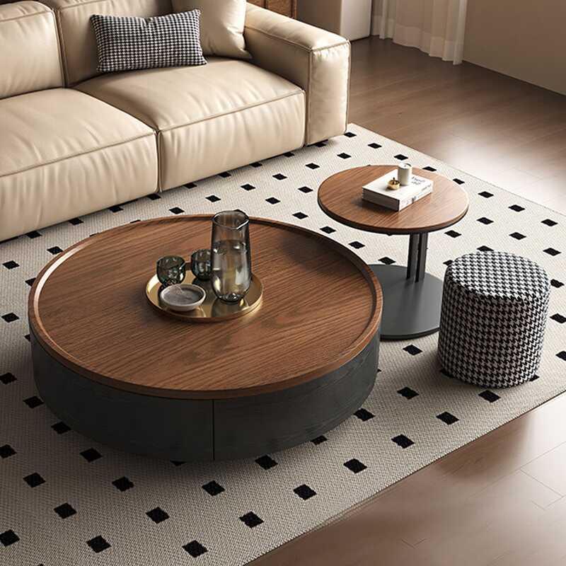 Simple Single Wood Drum Tray Coffee Table with Auburn Rounded Top and 1 Drawer