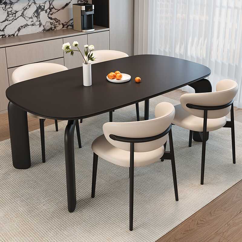 Contemporary Rectangular Dining Table with Ink Slate Stone Top and Fixed Mechanism