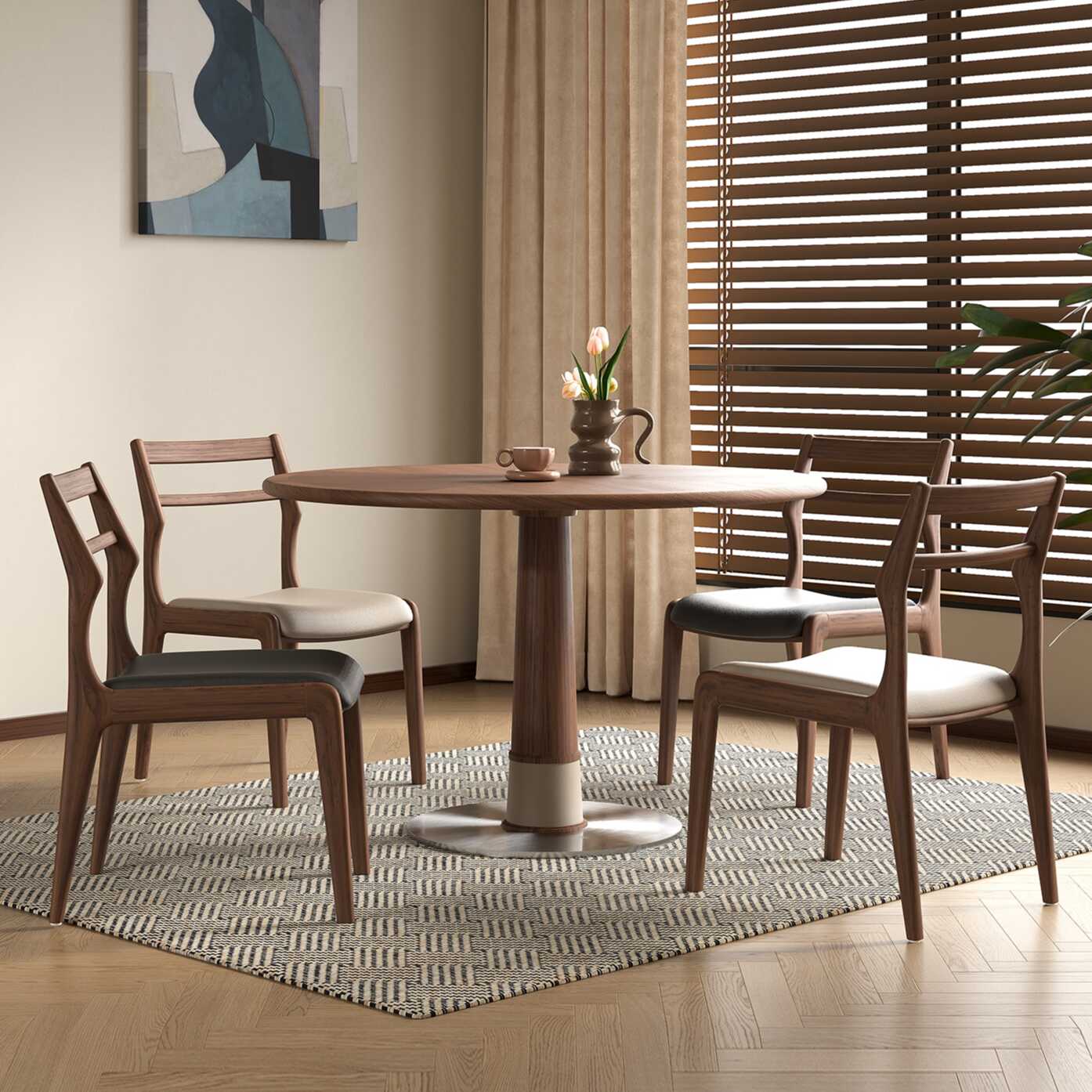 Auburn Contemporary Circular Dining Table with Ash Wood Top and Fixed Mechanism