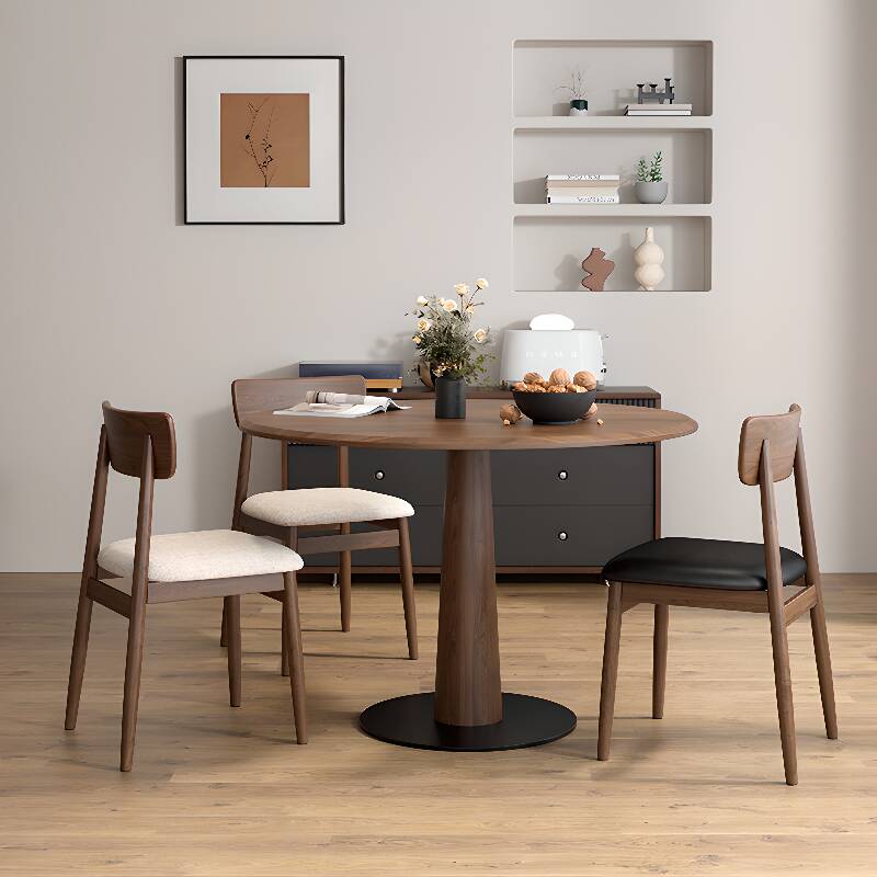 Elegant Circular Walnut Wood Dining Table Set with Pedestal Base, Back Chairs for 4 People, 5 Piece Set in Brown