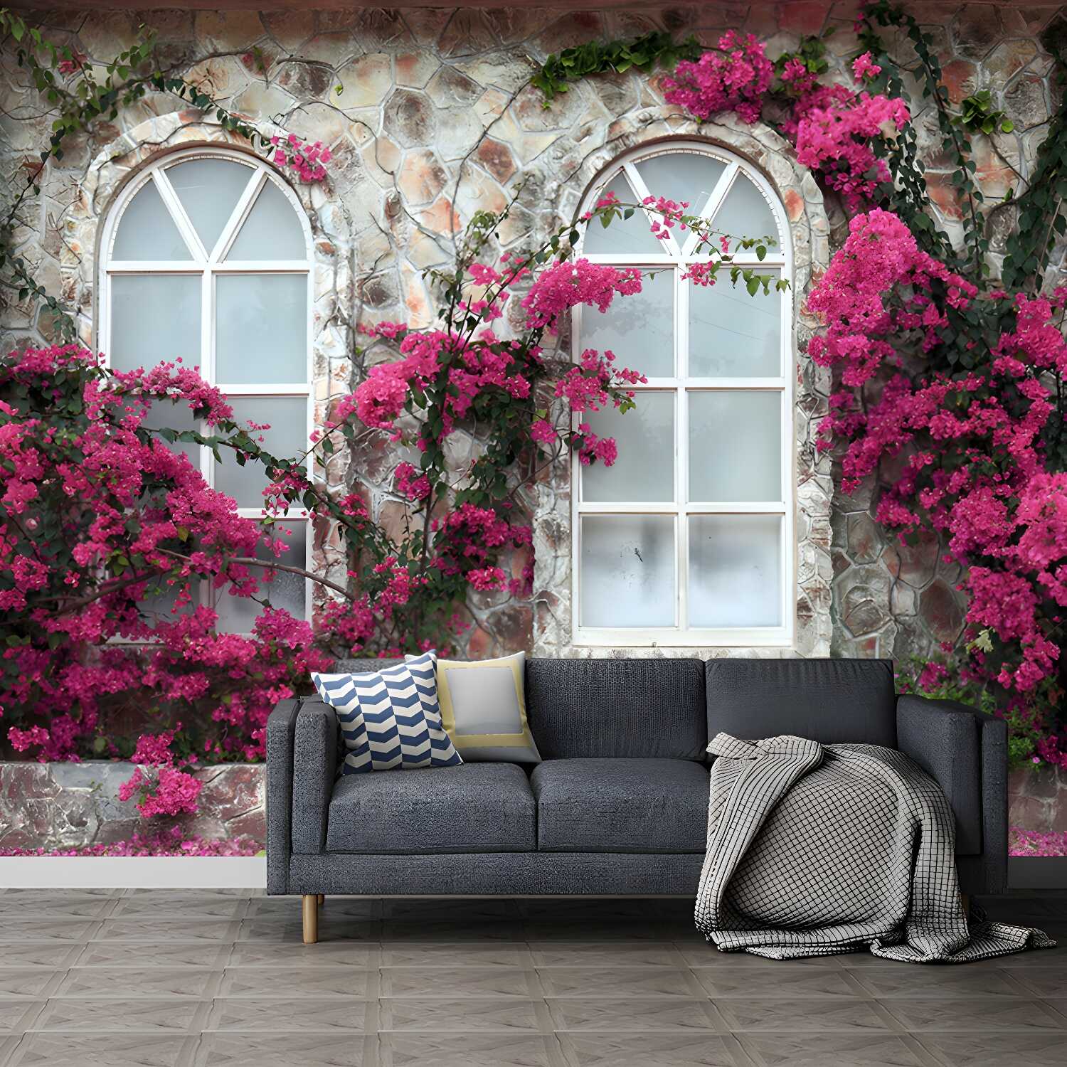 Photo Style Wall Mural French Window and Blossom Full Size Wall Art for Coffee Shop, Made to Measure