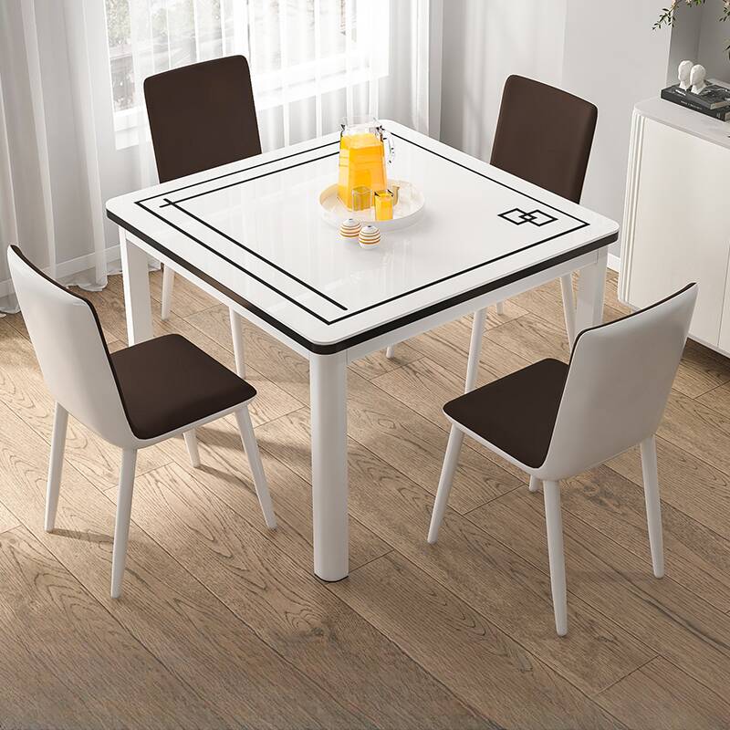 Scandinavian Square White/Ink Glass Dining Table Set with 4-Leg