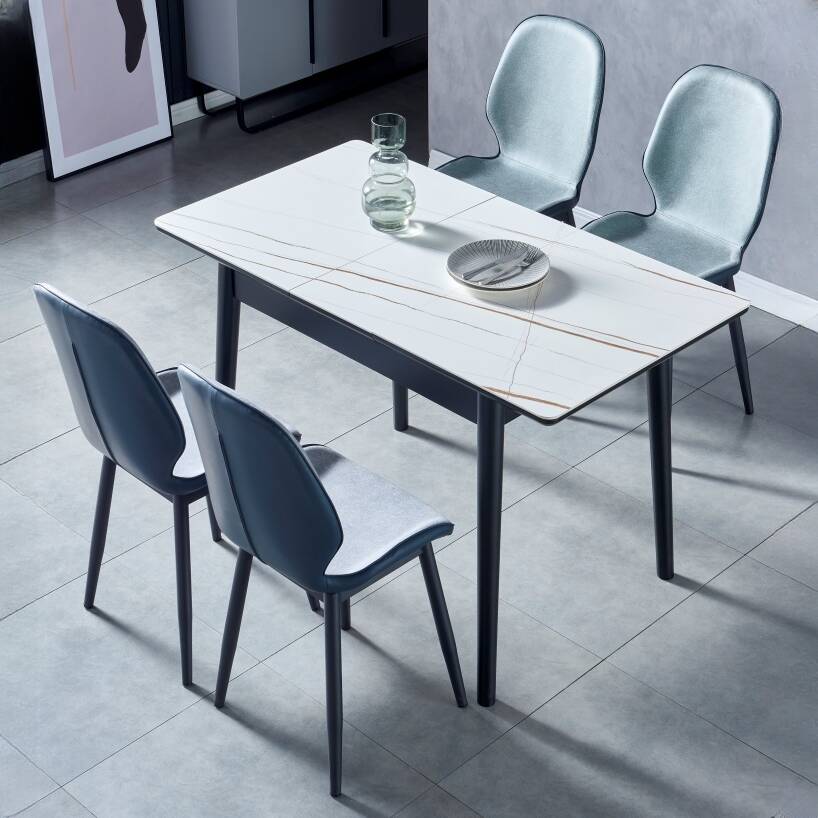 Minimalist Rectangular Slate Dining Table Set for 4 People with White Table Top and 4-Leg Collapsible Leaf Mechanism