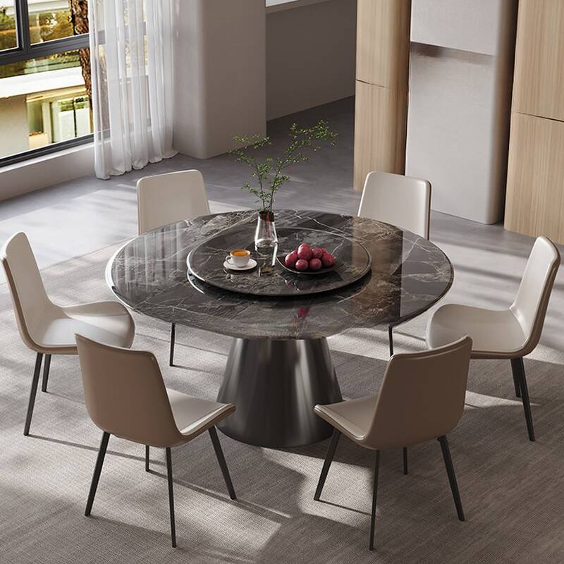 Circular Marble Stone Dining Table Set with Pedestal Base, Upholstered Back, and Seating for 4 to 6 People in Ink Colour