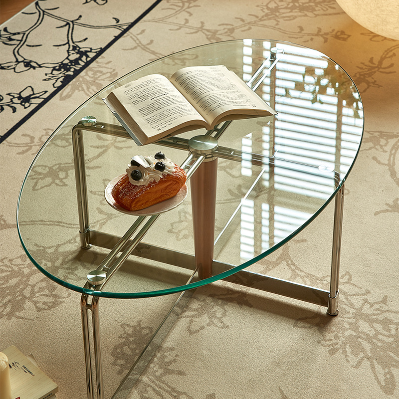 Simple Single Tempered Glass X Base Side Table with Translucent Elliptical Top for Living Room