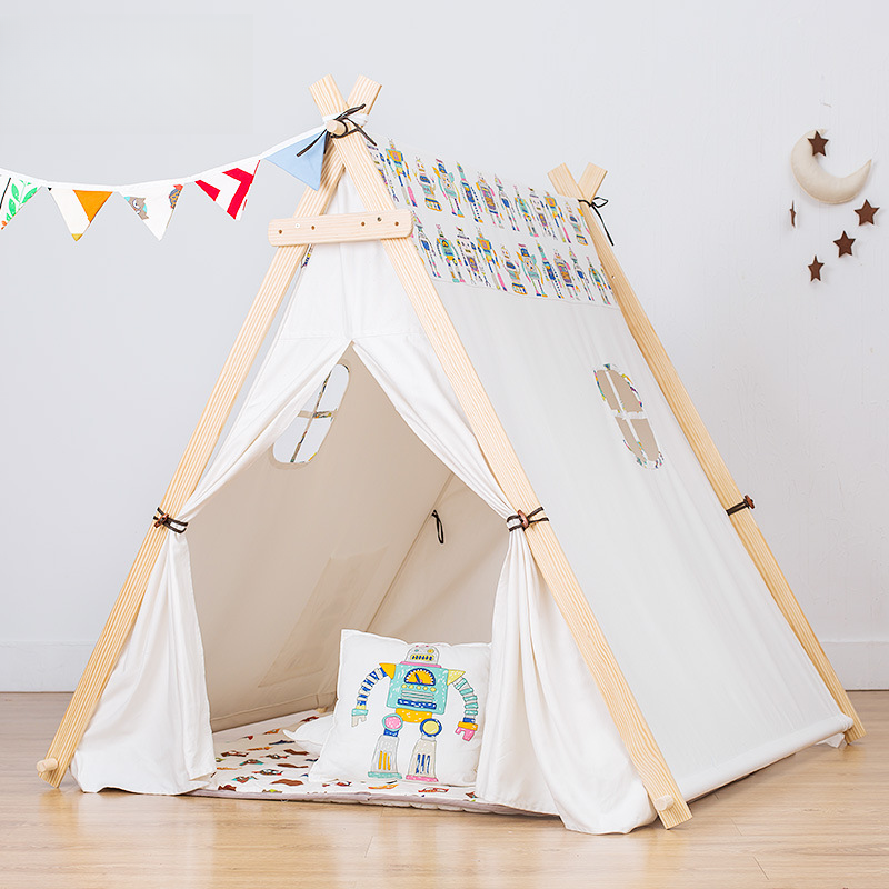 Distressed White Fabric Play Tents, Tent Pole, Floor, 2 Windows, Medium（3'-5'）, Indoor & Outdoor Use