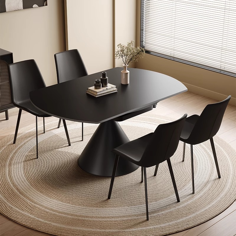 Art Deco Rectangular Dining Table with Stone Top, Retractable Leaf, and Extendable Ink Finish