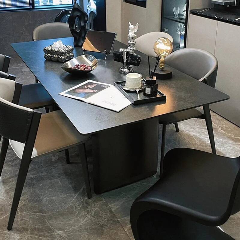 Art Deco Rectangular Dining Table with Stone Top and Fixed Table Mechanism in Ink