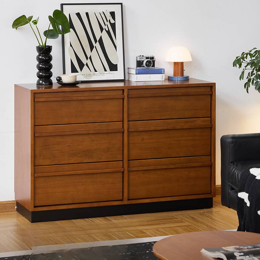 Cocoa Modish Sideboard with 6 Drawers, Narrow Size, 1 Shelf, and Timber Countertop