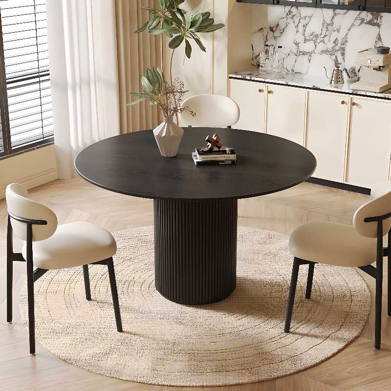 Circular Solid Wood Dining Table Set with Stump Base, Back Chairs for 4 People in Charcoal Colour