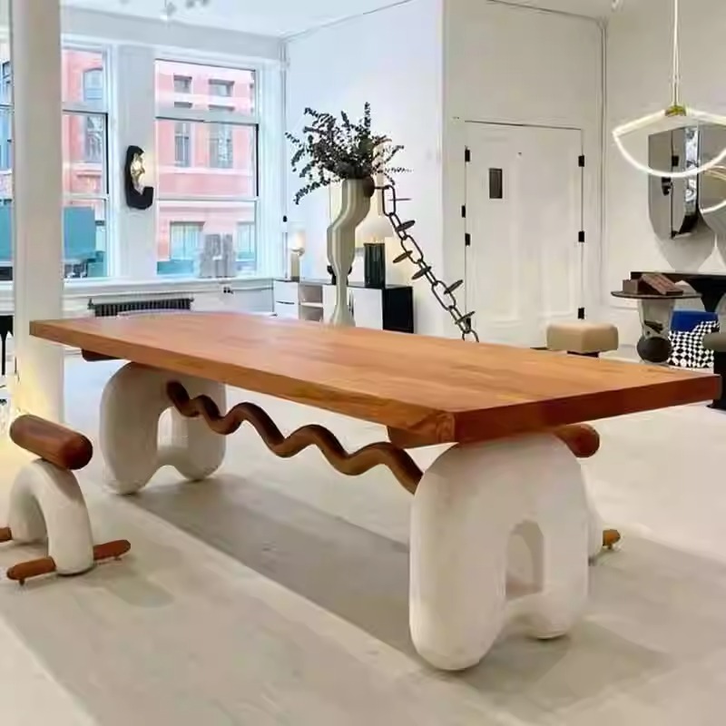 Art Deco Rectangular Dining Table with Timber Top and Fixed Table Mechanism in Sepia