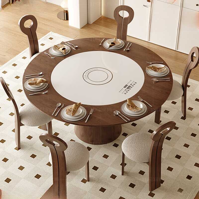 Casual Rounded Dining Table with Slate Stone Top, Lazy Susan Mechanism, and Chalk Colour