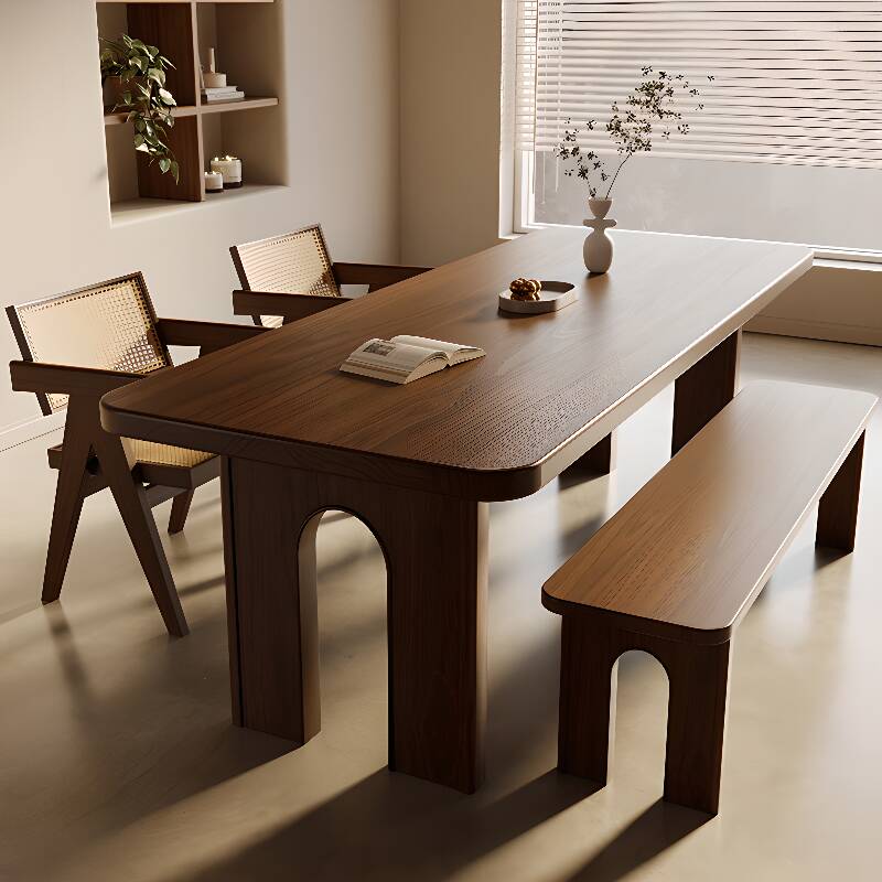 Contemporary Rectangular Dining Table with Ash Wood Top in Sepia and Fixed Mechanism