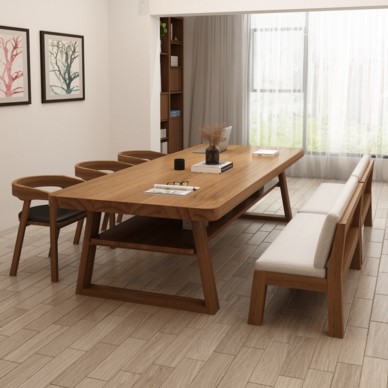 Art Deco Rectangular Dining Table with Timber Top, Fixed Table, and Repository in Sepia